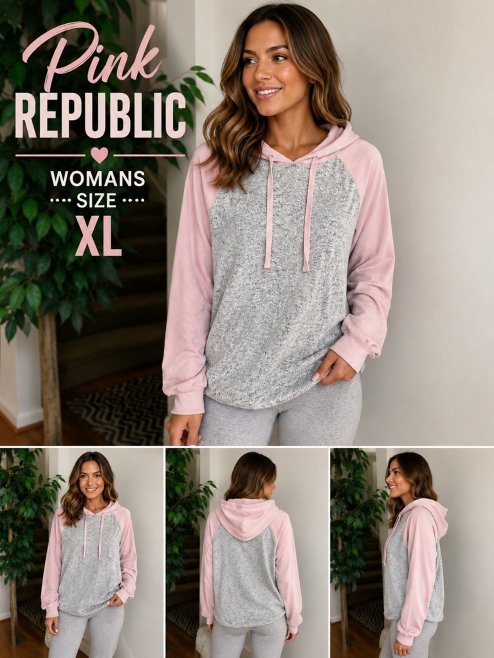 Pink Republic Women’s XL Gray marled & Mauve Hooded Raglan Pullover NWT